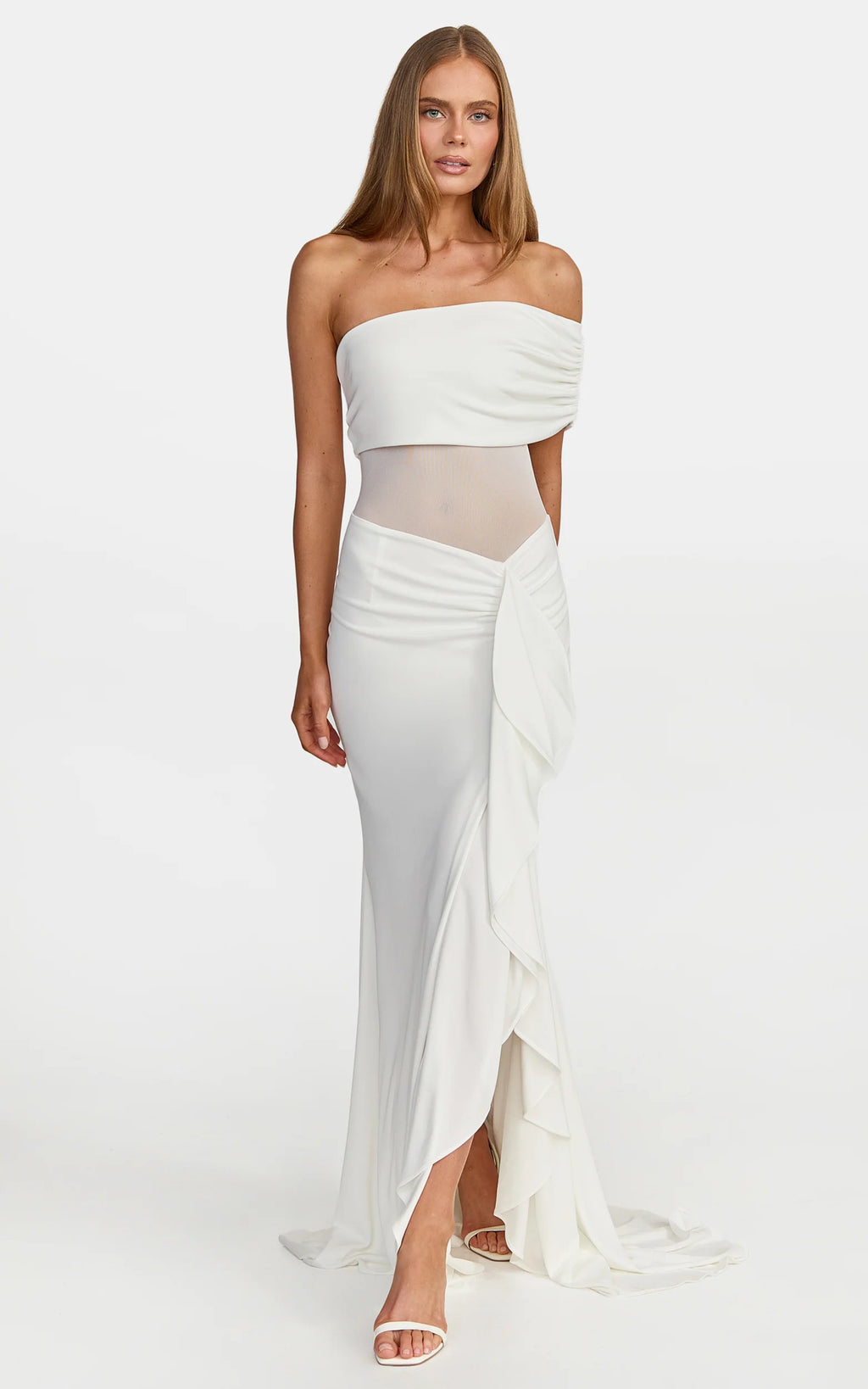 Hallie Maxi Dress - One Shoulder Flounce Dress With Leg Split And Sheer Panel in White