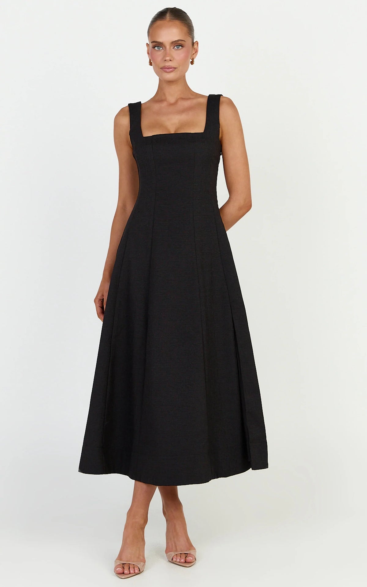 Walters Midi Dress - Square Neck Shirred Back Fit and Flare Panel Dress in Black