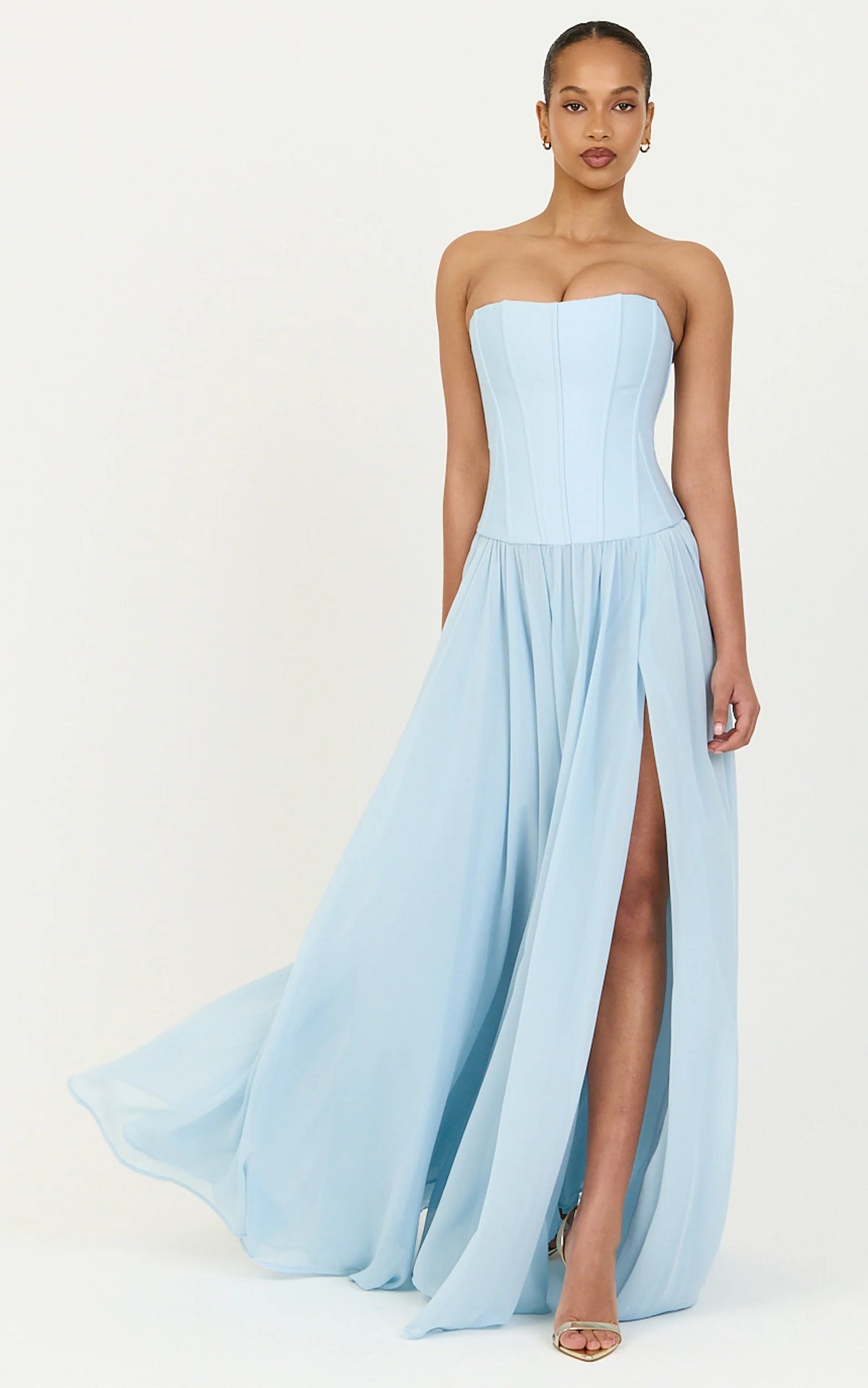 Eugene Maxi Dress - Contrast Strapless Fit And Flare High Split Dress in Blue