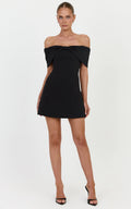 Thalia Mini Dress - Off Shoulder Bow Detail Dress in Black