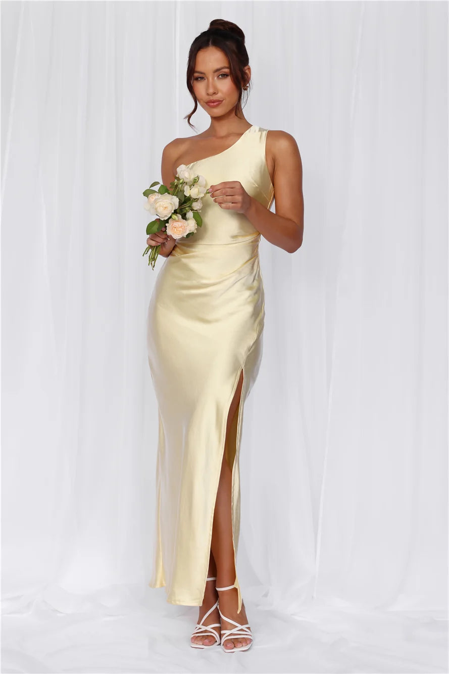 The Aurora One Shoulder Satin Maxi Dress Yellow