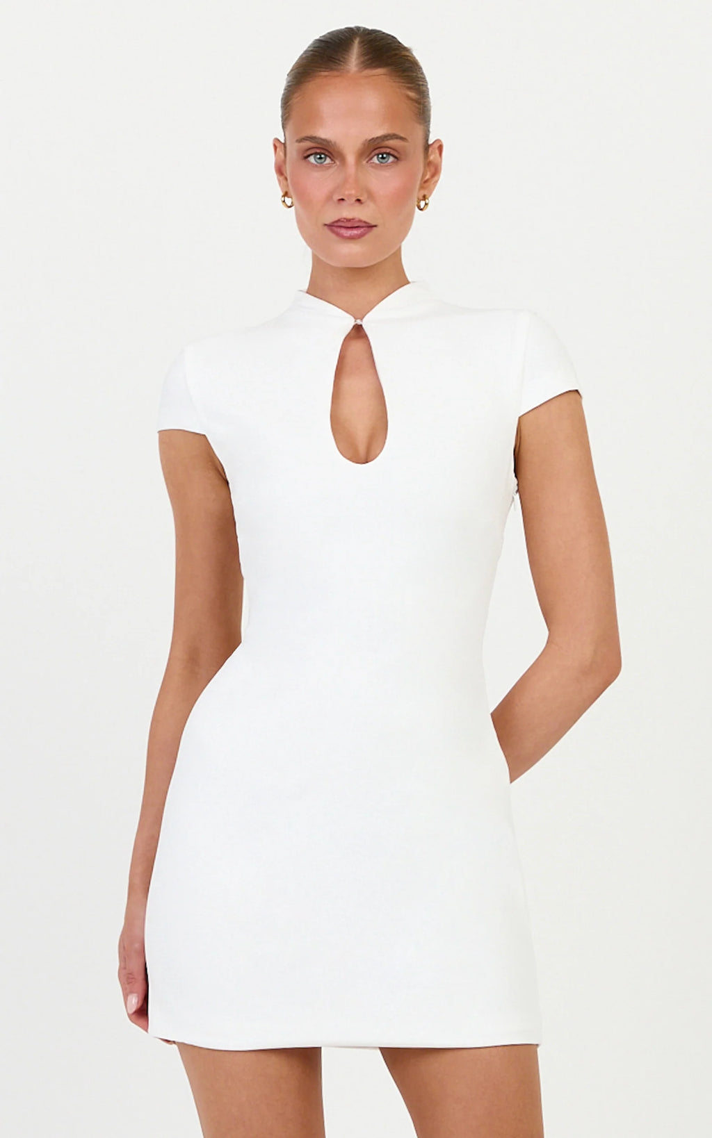 Briony Mini Dress - High Neck Front Key Hole Fitted Dress in White