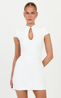 Briony Mini Dress - High Neck Front Key Hole Fitted Dress in White