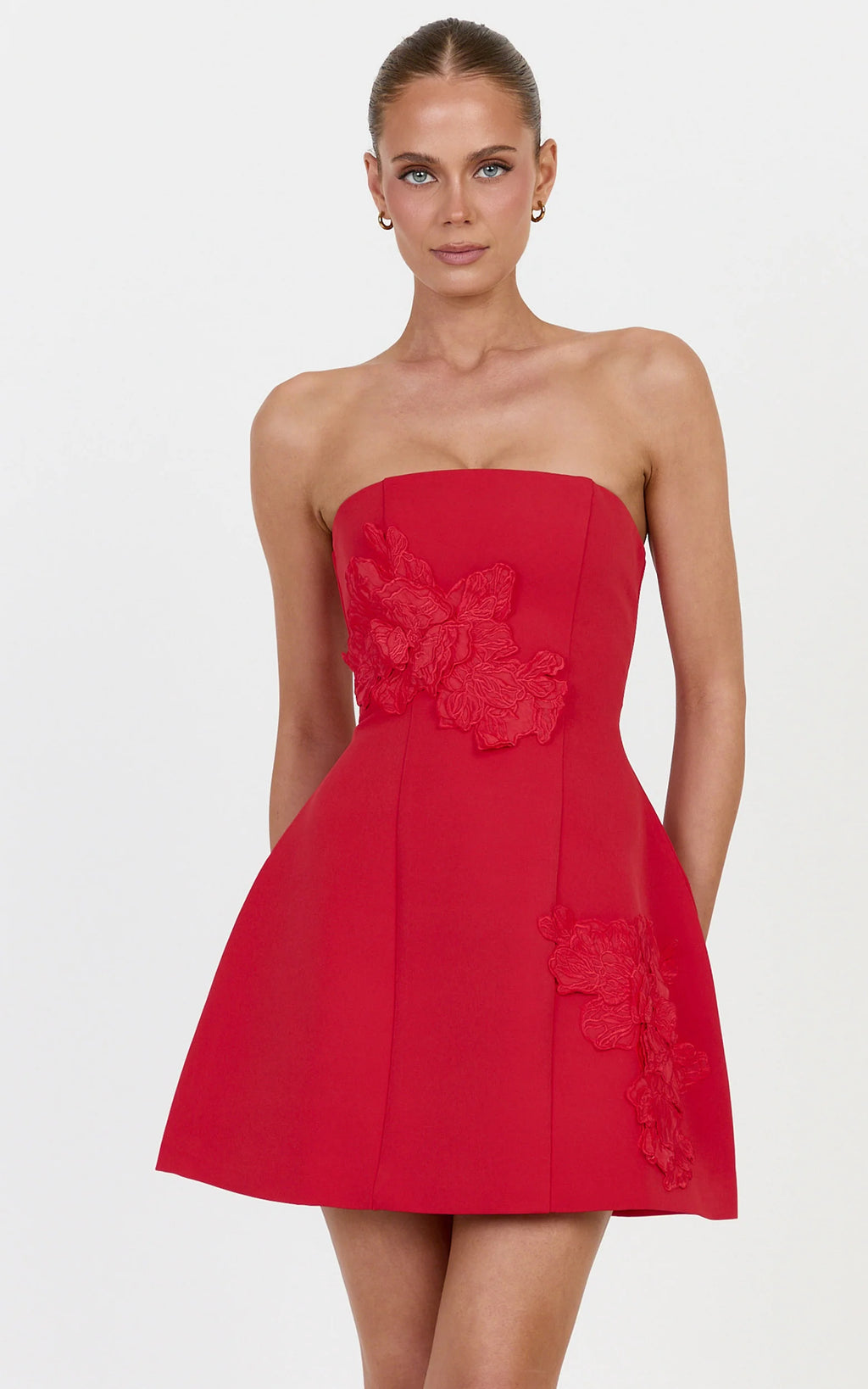 Moana Mini Dress - Strapless Floral Embellished Structured Dress in Red