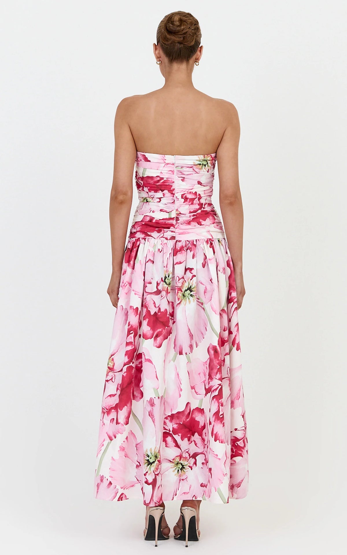 Isadora Midi Dress - Strapless Ruched Front Fit And Flare Dress in Poppy On White Print