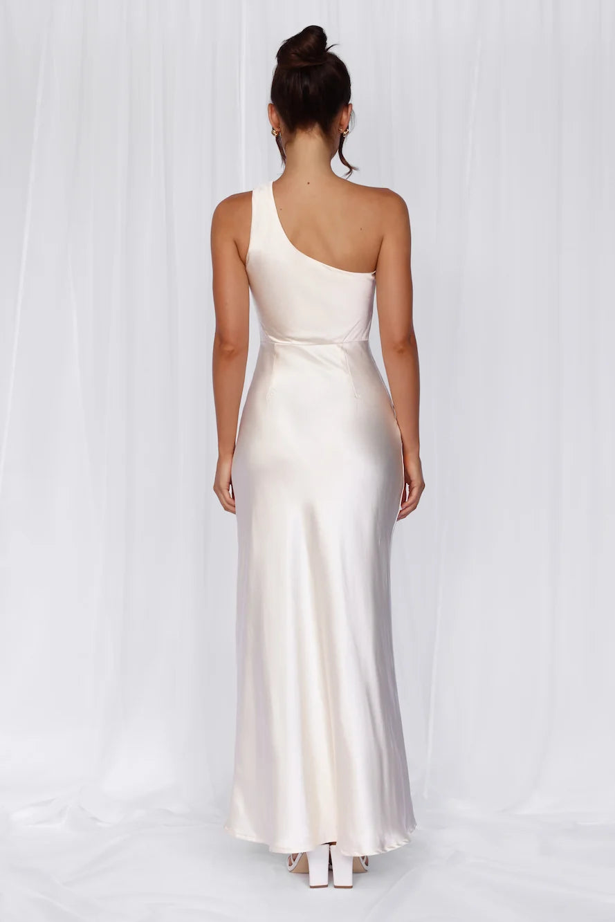 The Aurora One Shoulder Satin Maxi Dress Pearl