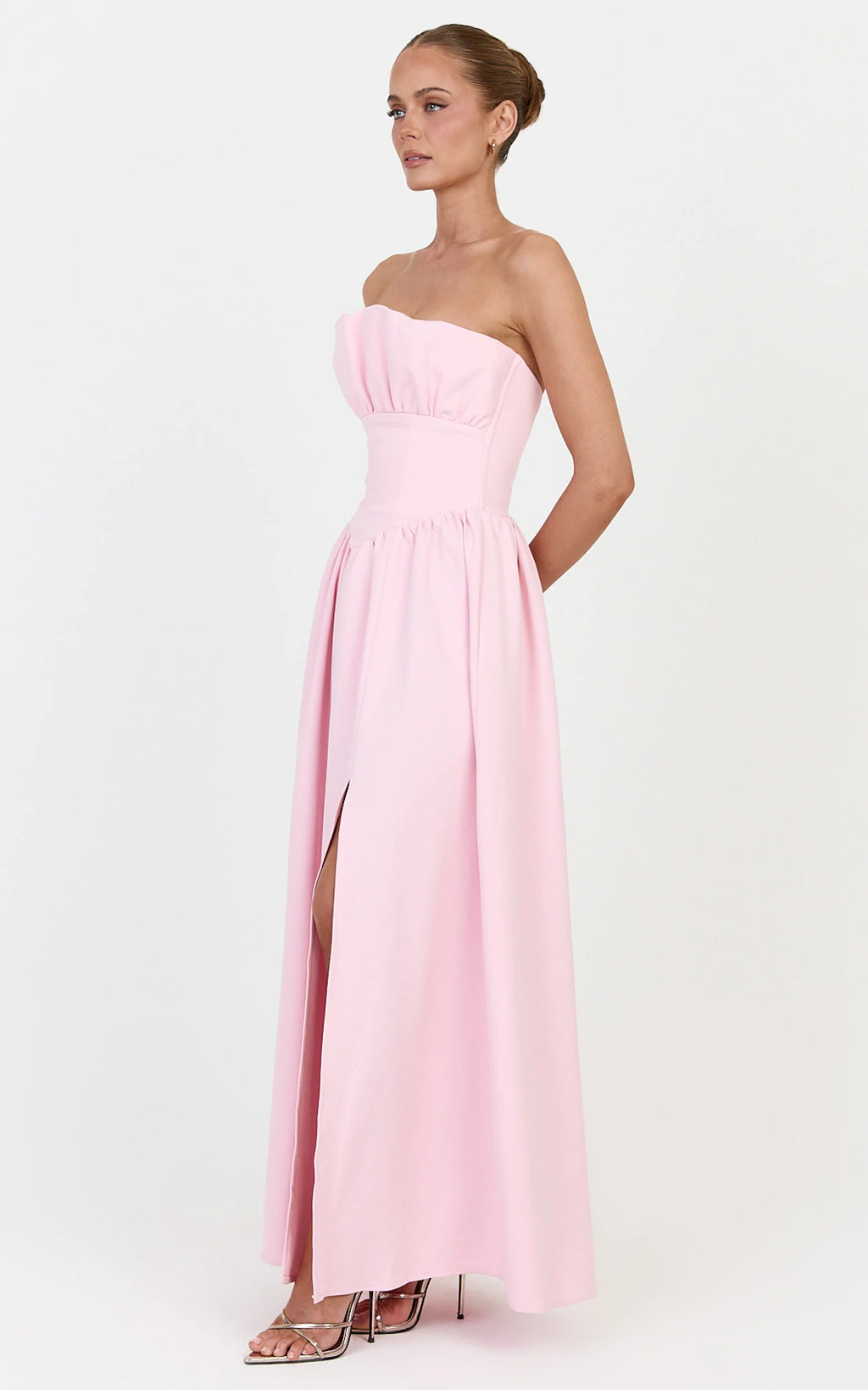 Juno Maxi Dress - Strapless Structured Ruffle Fit And Flare Dress in Ice Baby Pink