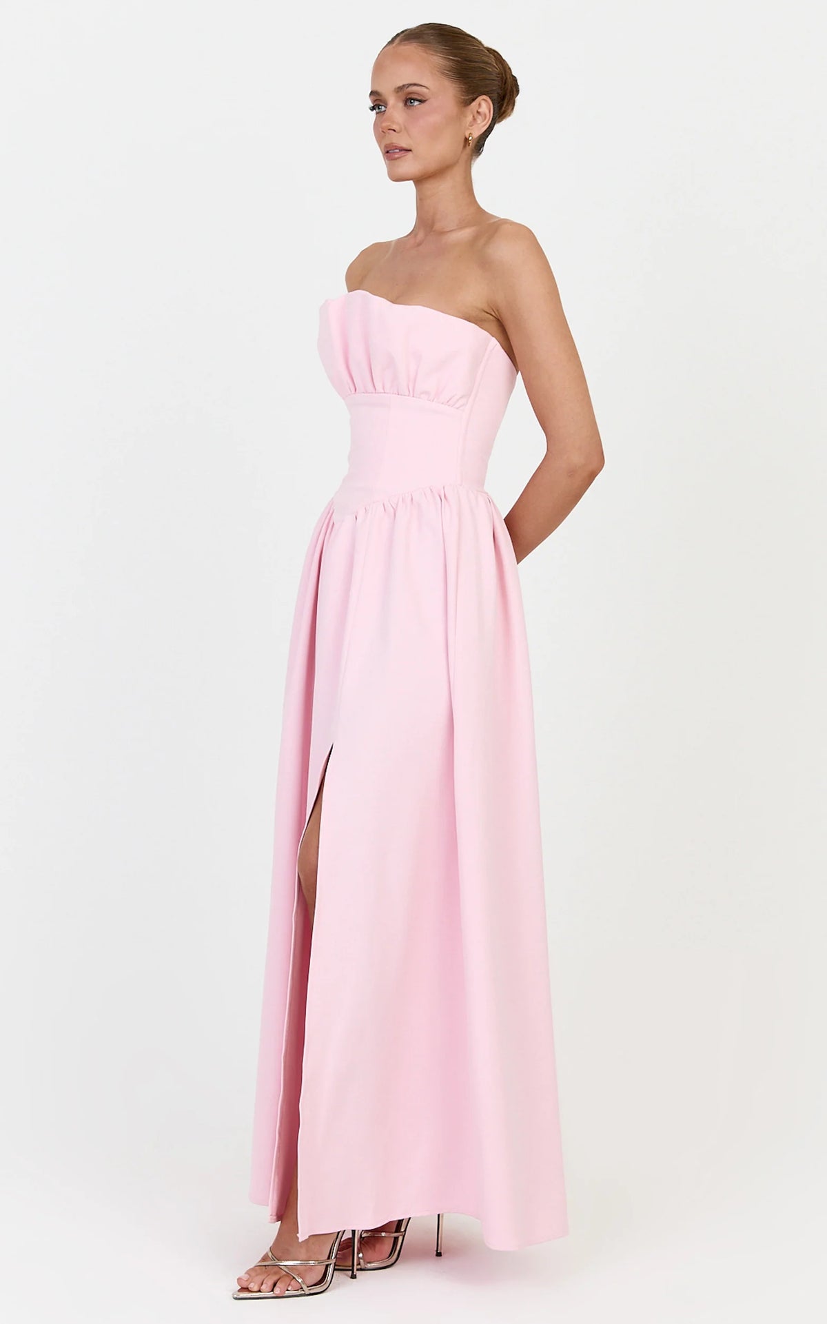 Juno Maxi Dress - Strapless Structured Ruffle Fit And Flare Dress in Ice Baby Pink