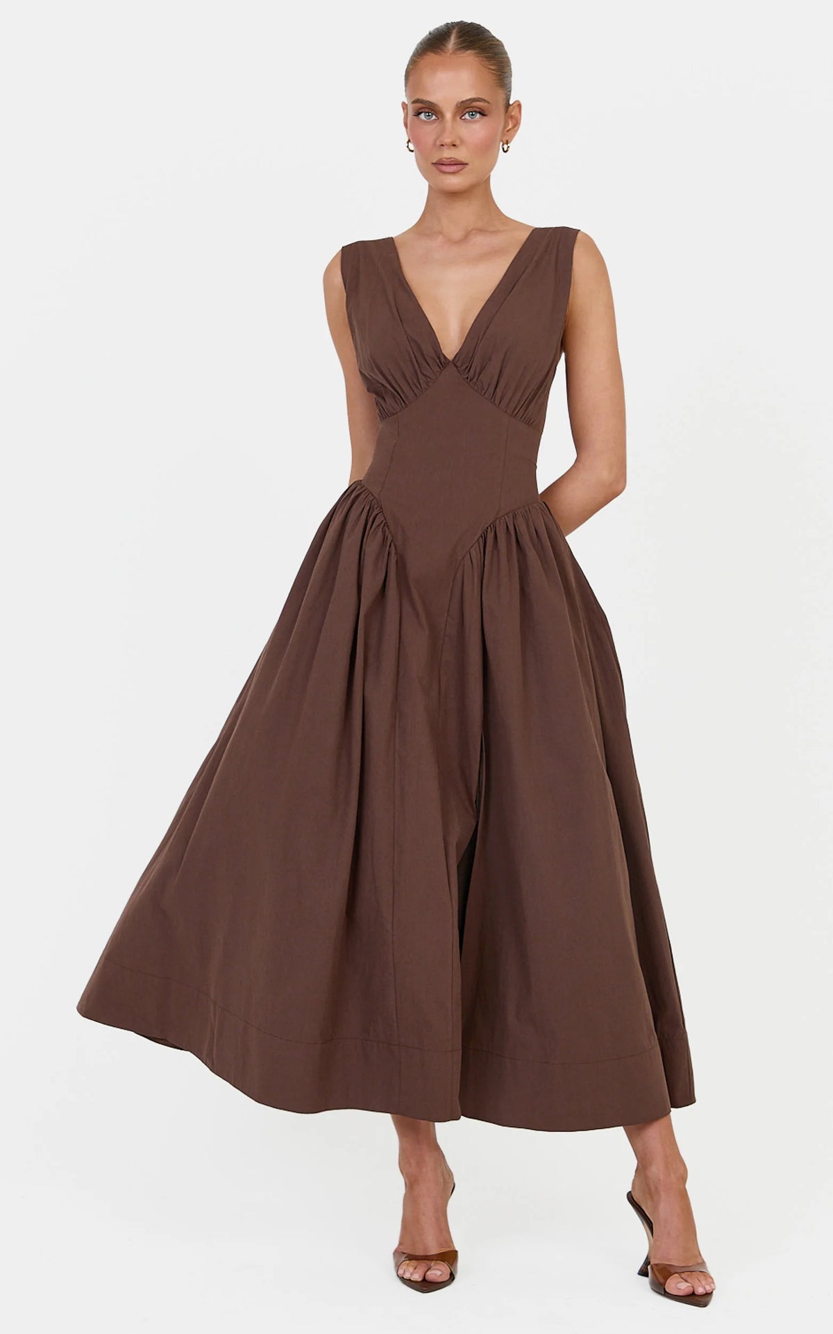 Melody Midi Dress - Cotton V Neck A Line Dress in Chocolate