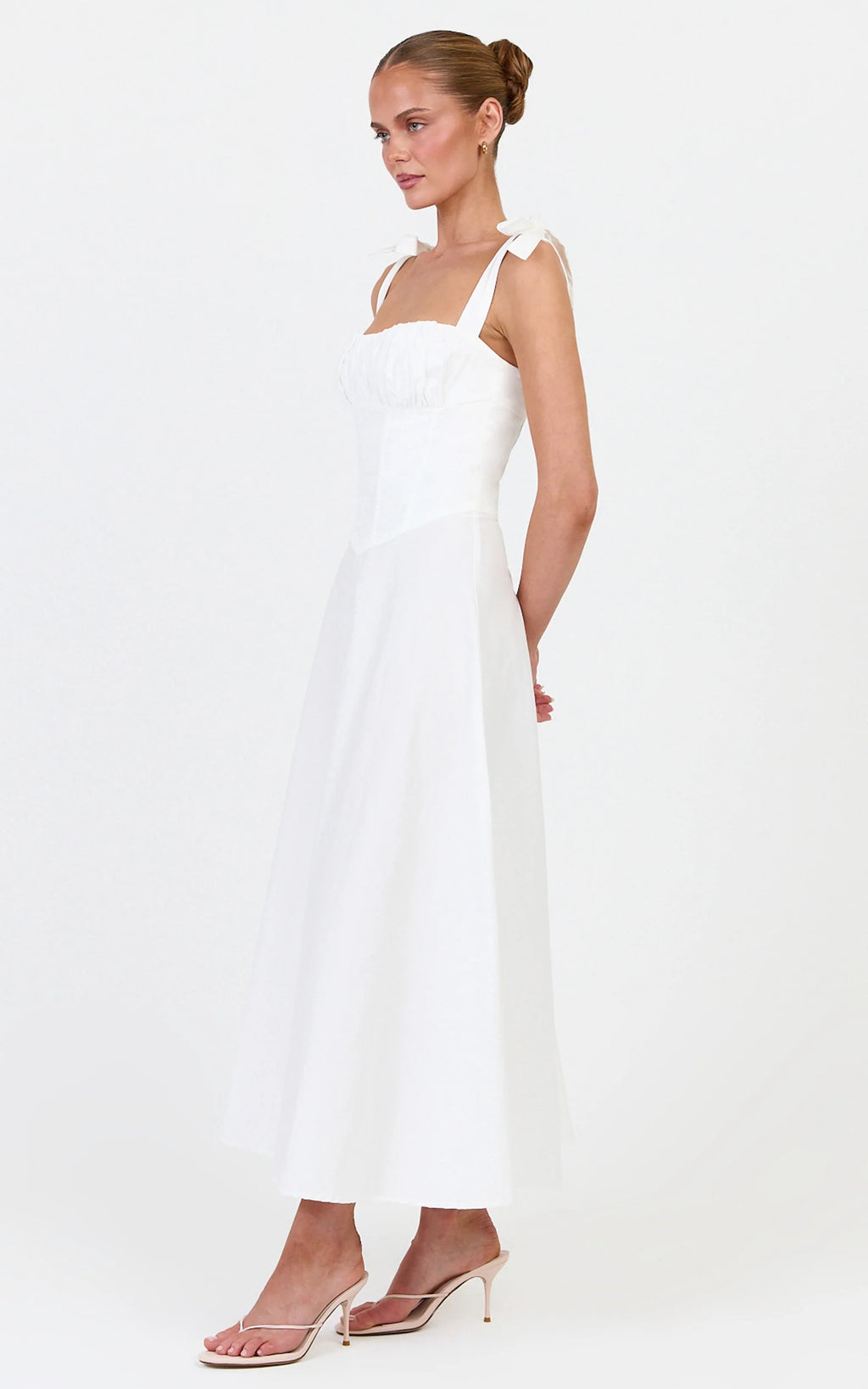 Vionette Midi Dress - Tie Shoulder Ruched Bust Corset Dress in White