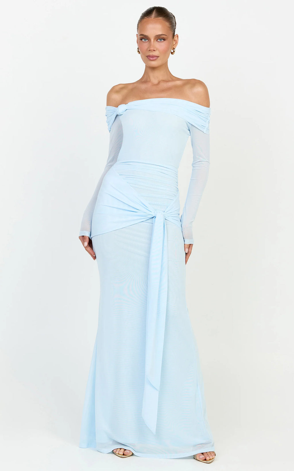 Waverly Maxi Dress - Long Sleeve Off Shoulder Dress in Blue