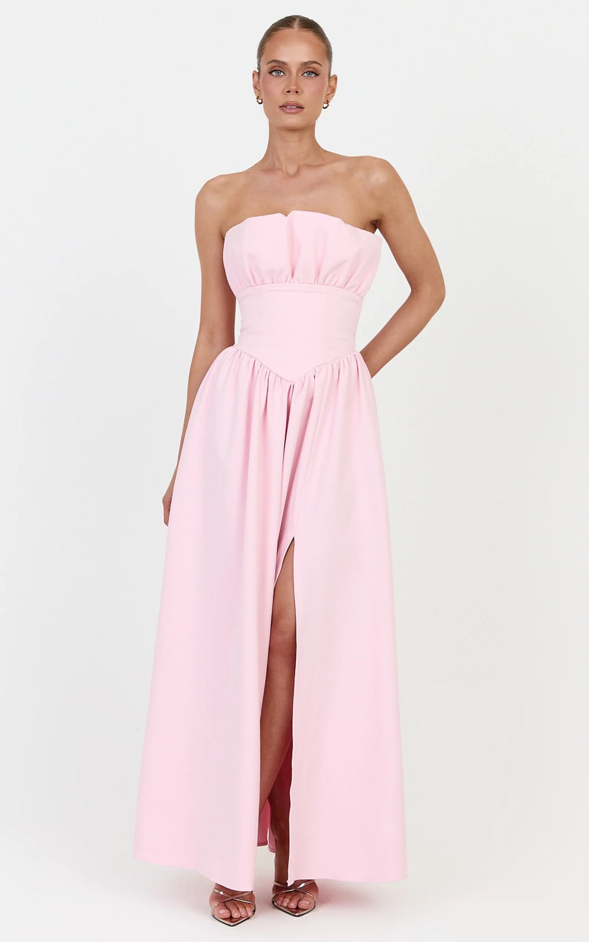 Juno Maxi Dress - Strapless Structured Ruffle Fit And Flare Dress in Ice Baby Pink