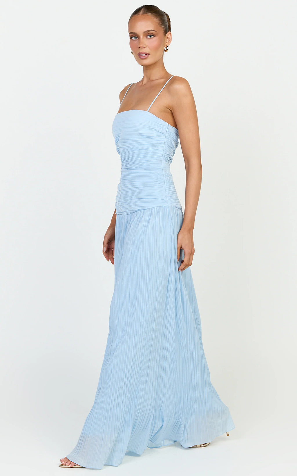 Ashlee Maxi Dress - Strapless Plisse Dropped Waist Split Leg Dress in Light Blue