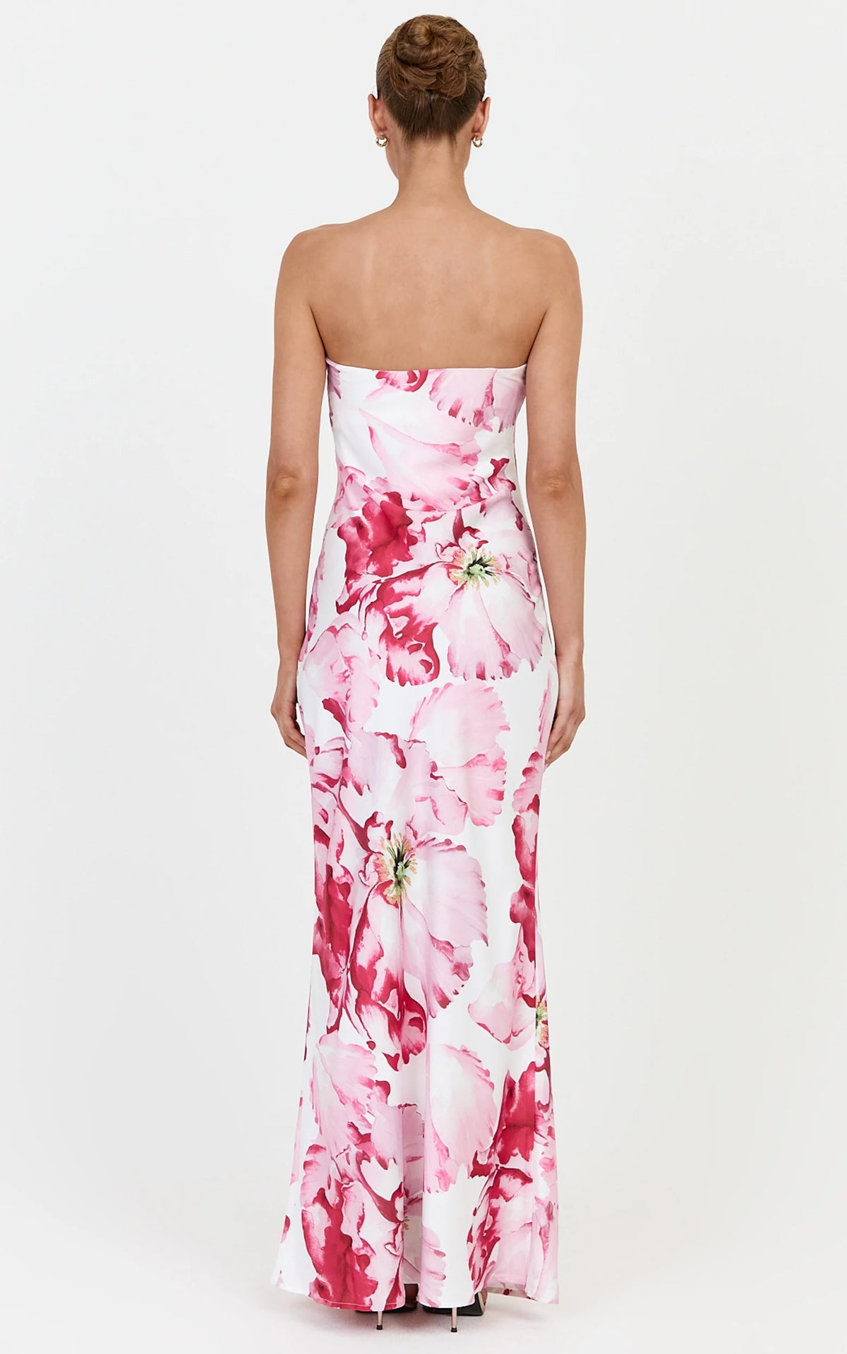 Alessia Maxi Dress - Strapless Fitted Dress in Poppy On White Print