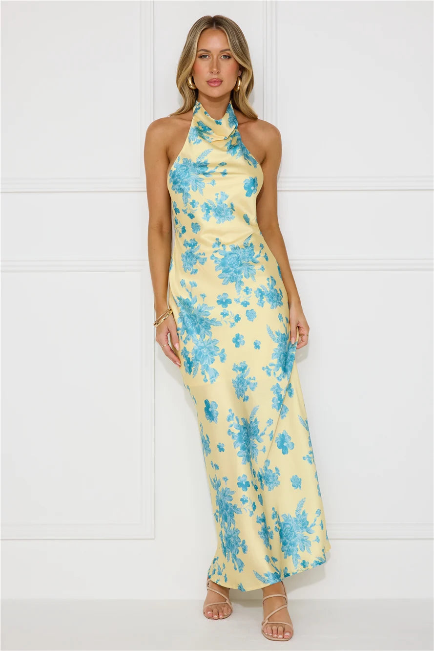 Love Signs Halter Satin Maxi Dress Yellow
