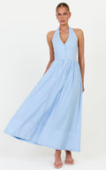 Everly Midi Dress - Tie Halter Neck Button Down Bodice Fit And Flare Dress in Cornflower Blue