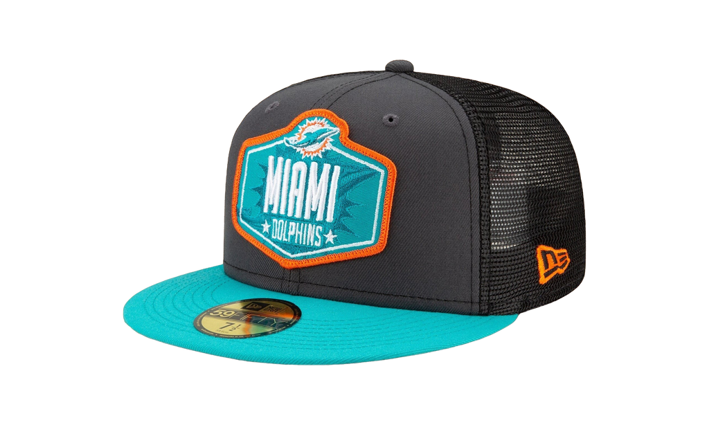 59FIFTY Miami Dolphins 2021 Draft Authentic Fitted Hat Graphite and Black / Teal - Brim NE784