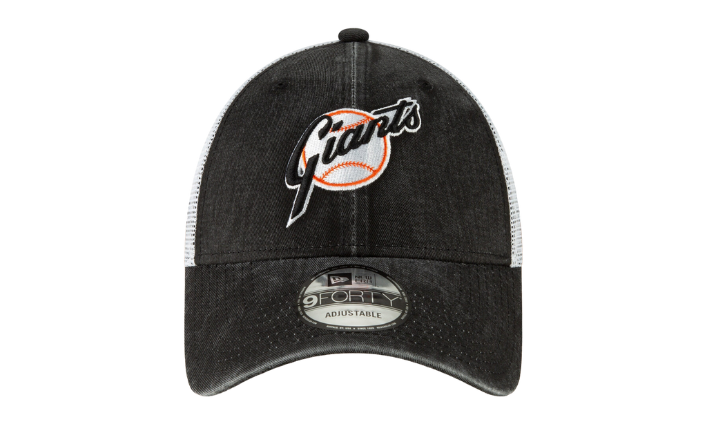 9FORTY San Francisco Giants 1973 Coop Trucker Snapback Hat Black Denim and White / Black - Brim NE716